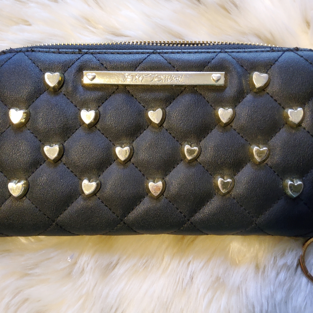Betsey Johnson Black Quilted Wallet with Gold Heart Accents